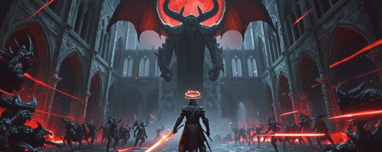 Dämonenjäger mit leuchtendem Schwert steht in einem zerstörten Kathedralhof und stellt sich einer Dämonenflut und einem riesigen Erzfürsten – Symbolbild für Ember and Blade