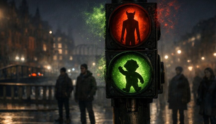 Nachtaufnahme einer regennassen Stadtkreuzung: Eine Fußgängerampel zeigt ein rotes Schattenwesen und ein grünes kleines Wesen als Silhouetten, am Mastfuß liegt ein Kreideritualkreis mit aufsteigendem Dampf.