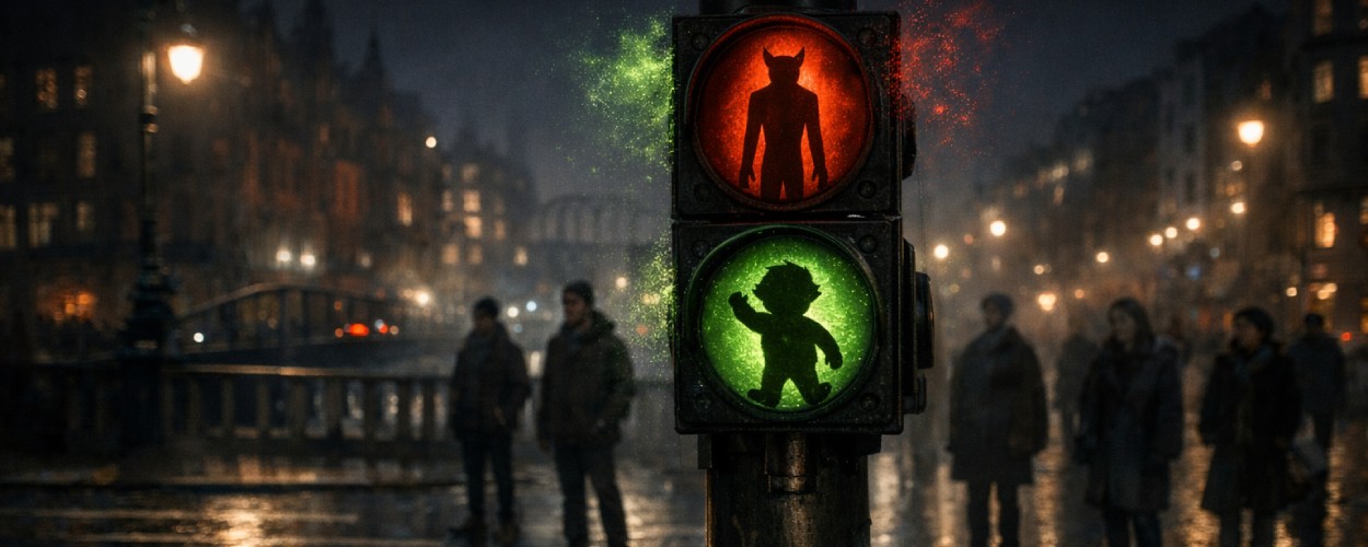 Nachtaufnahme einer regennassen Stadtkreuzung: Eine Fußgängerampel zeigt ein rotes Schattenwesen und ein grünes kleines Wesen als Silhouetten, am Mastfuß liegt ein Kreideritualkreis mit aufsteigendem Dampf.