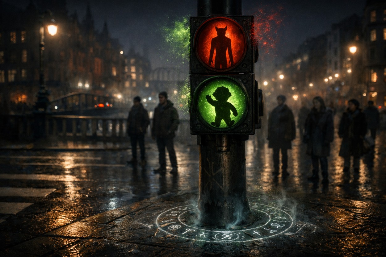 Nachtaufnahme einer regennassen Stadtkreuzung: Eine Fußgängerampel zeigt ein rotes Schattenwesen und ein grünes kleines Wesen als Silhouetten, am Mastfuß liegt ein Kreideritualkreis mit aufsteigendem Dampf.