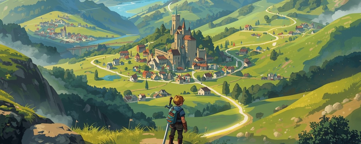 Stilisierte Fantasy-Szene: Ein junger Held mit Schwert und Rucksack steht auf einem Hügel und blickt auf ein sonniges Tal mit Dorf und großem Schloss inmitten grüner Hügel.