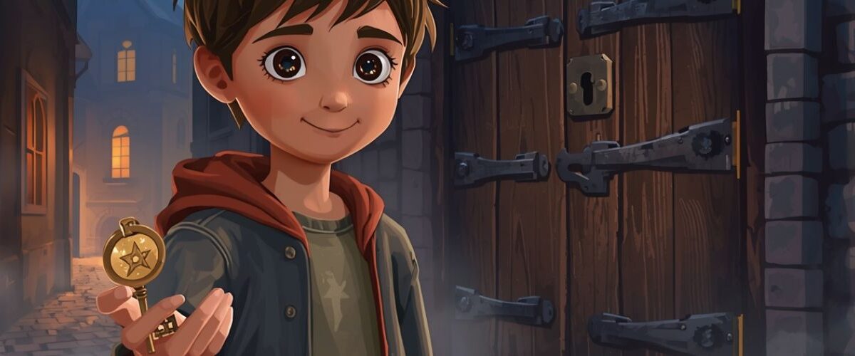 Junge hält einen Messingschlüssel mit Sternsymbol vor einer großen Holztür am alten Uhrturm in einer nebligen Gasse.