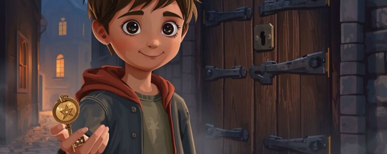 Junge hält einen Messingschlüssel mit Sternsymbol vor einer großen Holztür am alten Uhrturm in einer nebligen Gasse.