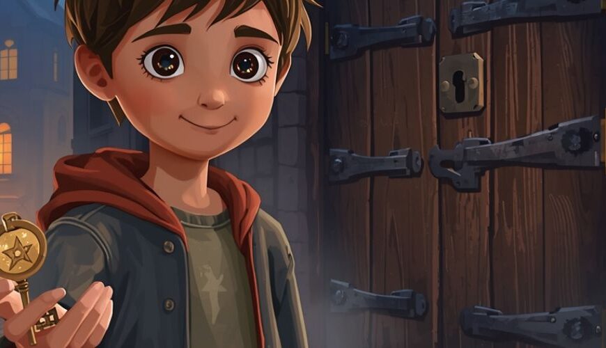 Junge hält einen Messingschlüssel mit Sternsymbol vor einer großen Holztür am alten Uhrturm in einer nebligen Gasse.