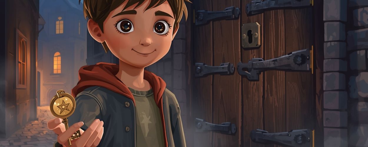 Junge hält einen Messingschlüssel mit Sternsymbol vor einer großen Holztür am alten Uhrturm in einer nebligen Gasse.