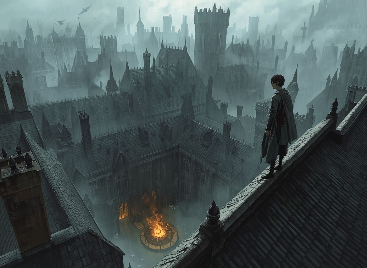 Ein junger Mann in dunklem Mantel steht auf einem schmalen Dachfirst hoch über einem riesigen, nebligen Labyrinth aus Türmen und Dächern; tief unten lodert in einem Innenhof ein großes Feuer, während Krähen im grauen Himmel kreisen.