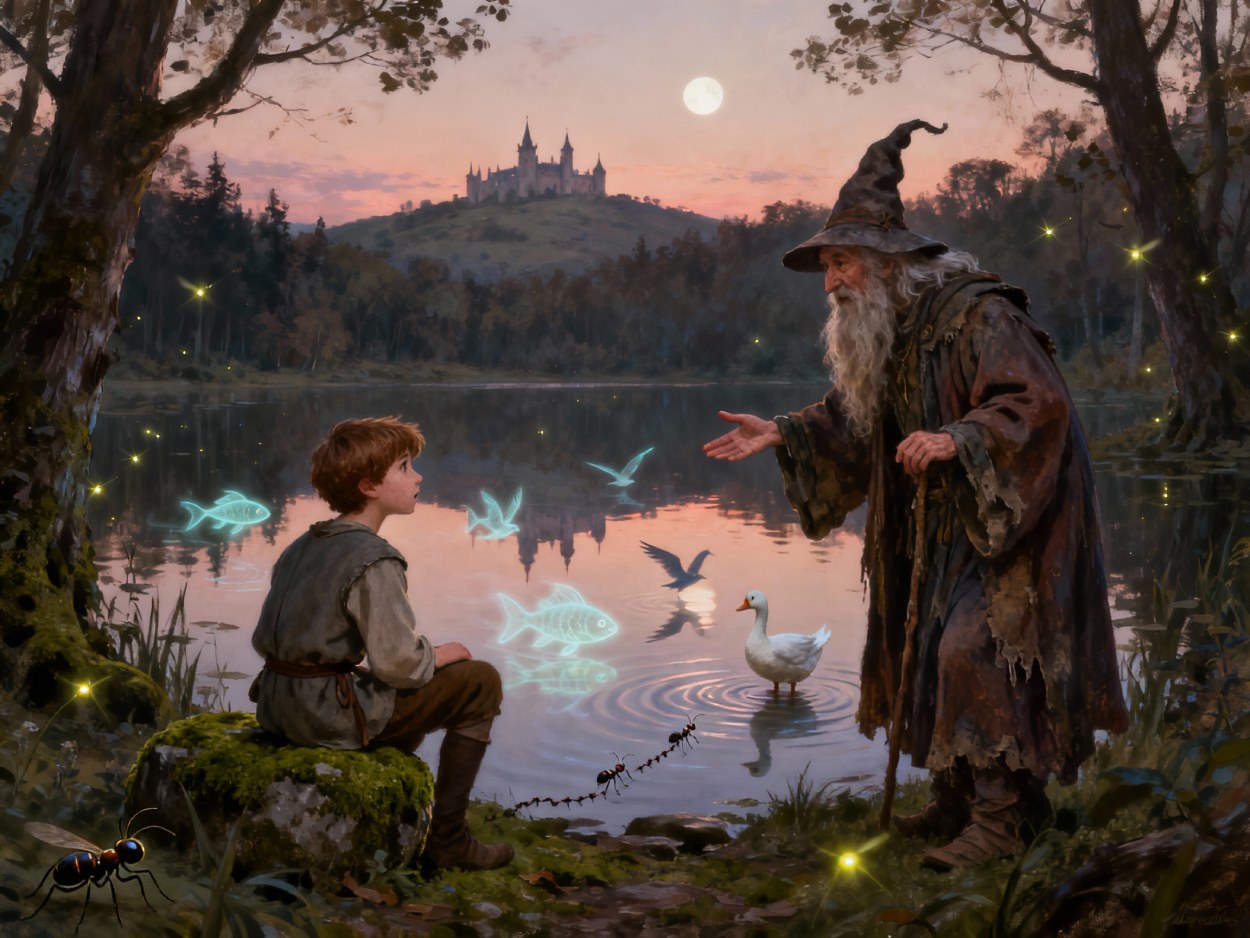 Junge in schlichter Mittelalterkleidung sitzt bei Sonnenuntergang am Waldrand an einem See und hört einem alten, bärtigen Zauberer mit spitzem Hut zu; im Wasser und in der Luft leuchten geisterhafte Fisch- und Vogelgestalten, eine weiße Gans steht im Wasser, im Hintergrund erhebt sich auf einem Hügel ein Schloss.