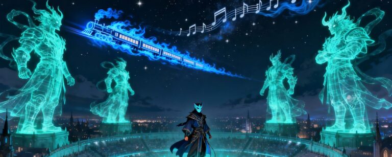 Ein maskierter Magier steht auf einer leuchtenden Plattform in einem voll besetzten Fantasy-Kolosseum, umgeben von vier riesigen türkisfarbenen Hologrammkriegern, während am Nachthimmel ein geisterhafter Musikzug aus blauer Flamme vorbeirauscht.