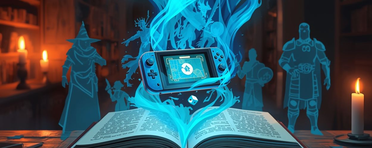 Offenes Fantasy-Spielbuch auf einem Tisch, aus dessen Seiten blaue, geisterhafte Figuren und eine schwebende Handheld-Konsole aufsteigen, umgeben von Kerzen in einer Bibliothek – Symbolbild für Fighting Fantasy Classics auf der Nintendo Switch.