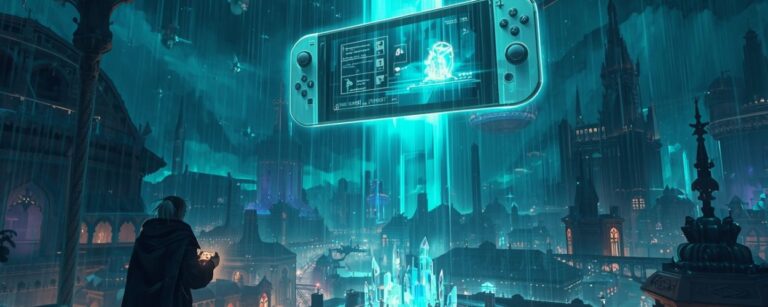 Cinematic Fantasy-Szene bei Nacht: Über einer kristallenen MMO-Stadt schwebt ein leuchtender Handheld im Switch-2-Stil, während ein Zauberer auf einem Balkon in die magische Gaming-Skyline blickt.