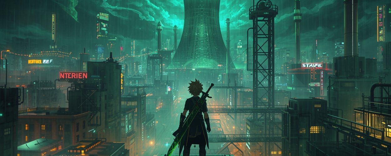 Ein junger Krieger mit großem Schwert auf dem Rücken steht auf einer Metallplattform und blickt auf eine regenverhangene, neonbeleuchtete Megacity, in deren Zentrum ein riesiger Reaktorturm grellgrüne Energie in den Himmel schießt.