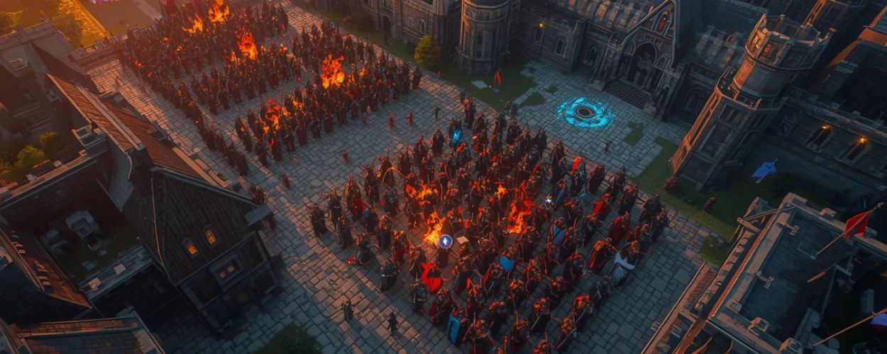 Isometrische Ansicht eines mittelalterlichen Schlossplatzes, auf dem zwei Armeen aus Rittern und Magiern einander gegenüberstehen – Symbolbild für die taktischen Schlachten in Final Fantasy Tactics: The Ivalice Chronicles und den Meilenstein von einer Million Verkäufen