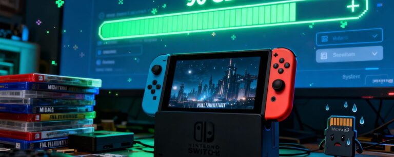 Nintendo Switch 2 im Dock zeigt eine Final-Fantasy-Stadt, im Hintergrund leuchtet ein riesiger „90 GB+“-Downloadbalken, daneben steht eine schweißgebadete, comicartige microSD-Karte.