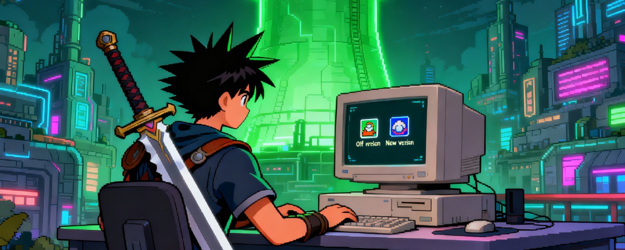 Animehafter Krieger mit großem Schwert sitzt an einem Retro-PC, im Hintergrund leuchtet ein grüner Reaktor über einer futuristischen Stadt.
