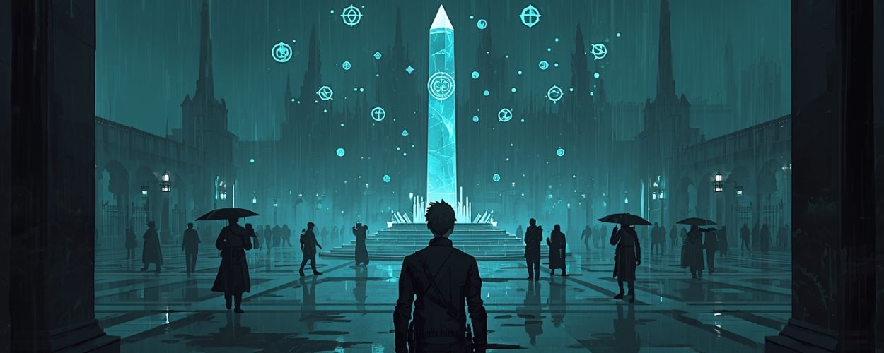 Final-Fantasy-artige Szene bei Nacht: Ein junger Mann mit Schwert steht im Regen auf einem Platz vor einem leuchtenden Kristall-Obelisken, umgeben von Silhouetten und einer futuristischen Stadt im Hintergrund.