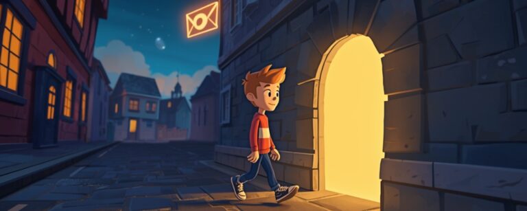 Ein Junge im Cartoonstil geht nachts durch eine gepflasterte Gasse auf ein leuchtendes, briefumschlagförmiges Portal in einer Hauswand zu, über ihm hängt ein Schild mit Augen-Symbol.