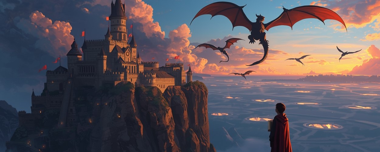 Junge Kadettin mit rotem Umhang steht auf einem Felsvorsprung und blickt auf eine gewaltige Drachenfestung im Abendlicht, während mehrere Drachen über der Burg kreisen.