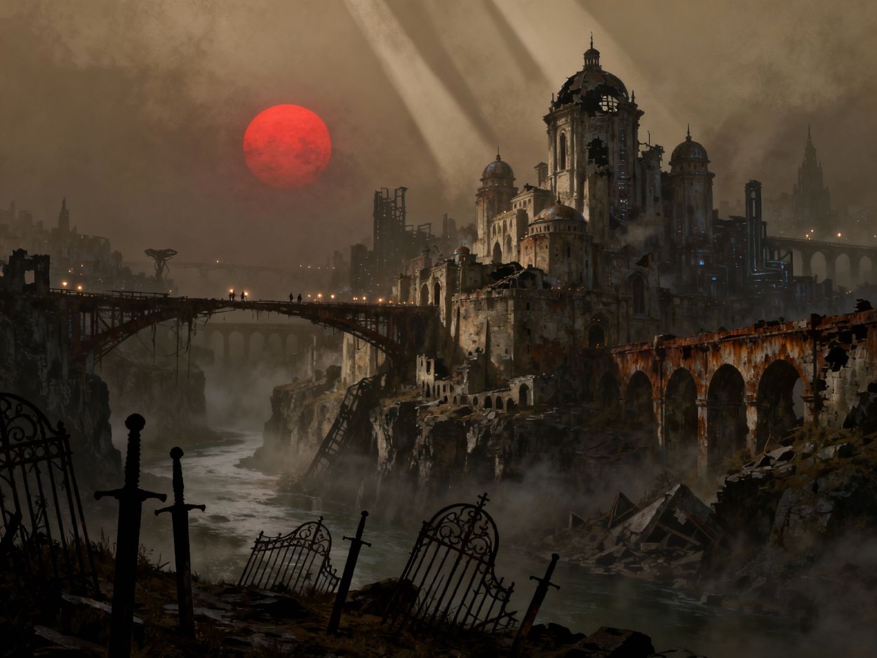 Verwüstete Science-Fantasy-Stadt an einer tiefen Flussschlucht: eine halb zerfallene Kathedralen-Zitadelle mit Brücken, Türmen und rostigen Bögen erhebt sich im Dunst, im Hintergrund dominiert eine riesige rote Sonne den Himmel; im Vordergrund stehen schiefe eiserne Zäune und mehrere in den Boden gerammte Schwerter wie Grabmale.