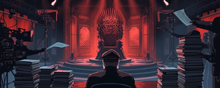George R.R. Martin mit Mütze sitzt mit dem Rücken zur Kamera an einem Tisch voller Bücher, während vor ihm in einem rot ausgeleuchteten TV-Studio der eiserne Drachenthron steht und Kameras sowie Hände mit Drehbuchseiten ins Bild ragen.
