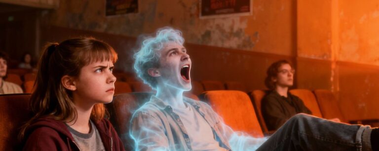 Teenagerin sitzt genervt mit einer Popcorn-Tüte im alten Kinosaal, neben ihr lümmelt ein blau leuchtender Geist-Junge im Sessel und schreit Richtung Leinwand, während die übrigen Zuschauer unbeteiligt bleiben.