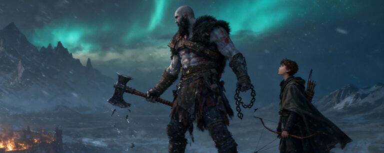 Ein riesiger, kahlköpfiger Krieger mit Axt und Ketten steht mit einem jungen Bogenschützen auf einem verschneiten Felsvorsprung, während unter ihnen eine brennende Festung im Eis liegt und über den Bergen Nordlichter den Himmel erleuchten.