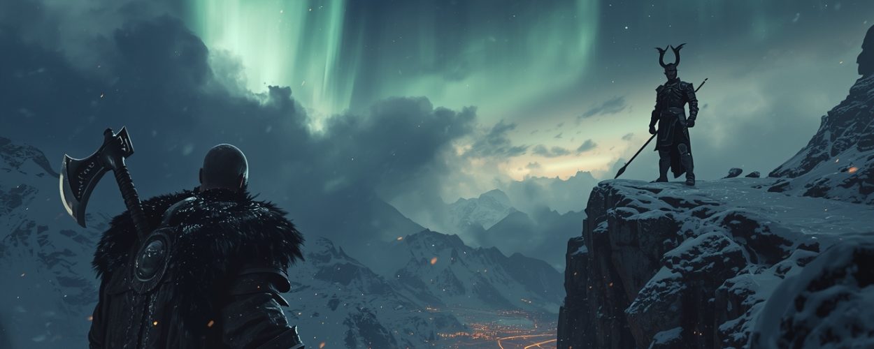 Ein bulliger Krieger mit Fellmantel und Axt steht auf einem verschneiten Bergpfad und blickt zu einem schlanken Gott mit Hörnerhelm und Speer hinüber, über beiden leuchten Nordlichter über einem Tal voller Lichtspuren.