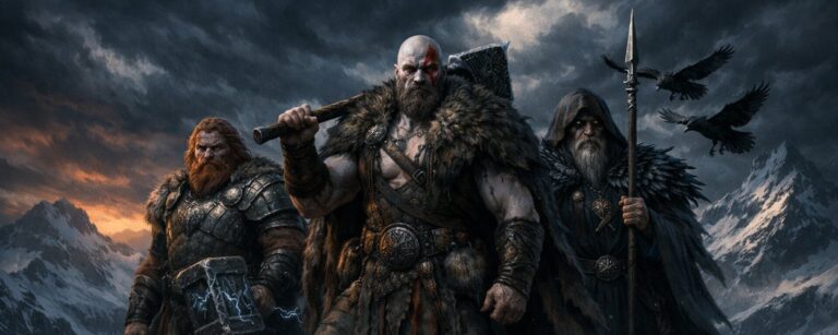 Kratos, Thor und Odin stehen als nordische Krieger vor verschneiten Bergen, dramatischer Himmel, epische Fantasy-Szenerie.