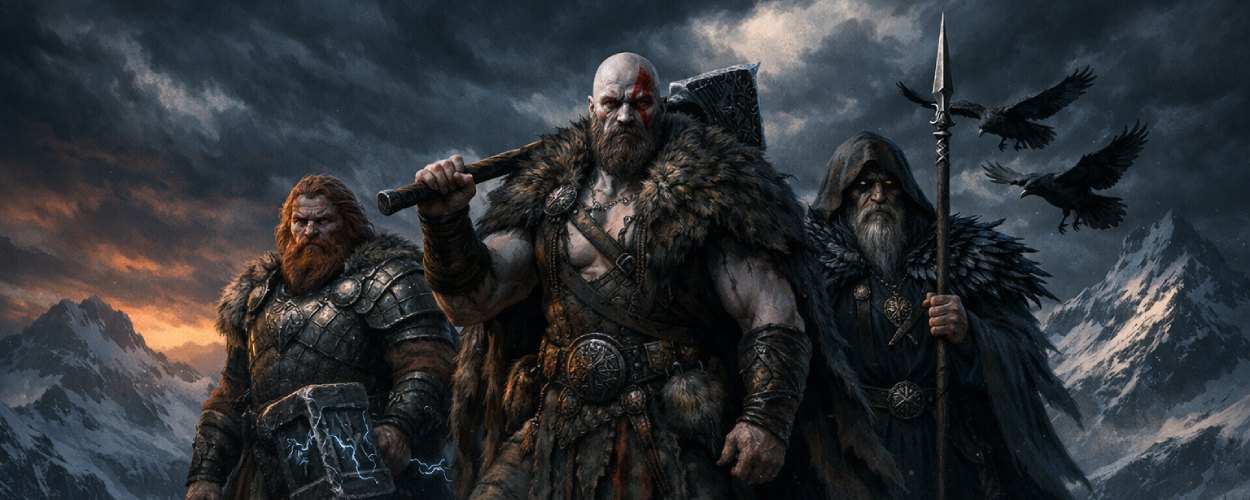 Kratos, Thor und Odin stehen als nordische Krieger vor verschneiten Bergen, dramatischer Himmel, epische Fantasy-Szenerie.