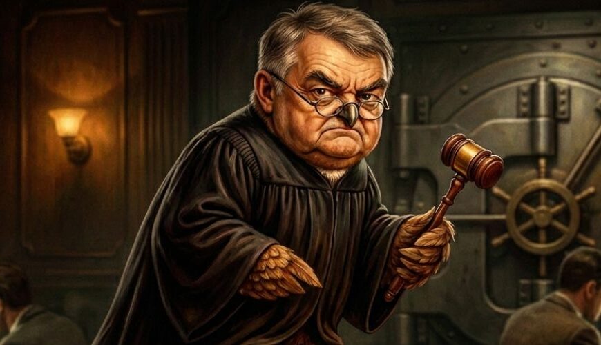 Karikatur einer streng blickenden Richter-Eule mit Menschenkopf und Brille, im schwarzen Talar auf einem hohen Stapel von Aktenordnern stehend, Richterhammer in der Kralle, im Hintergrund ein alter Banktresor und zwei Ermittler an Computern.