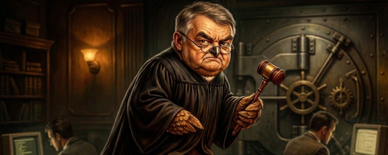 Karikatur einer streng blickenden Richter-Eule mit Menschenkopf und Brille, im schwarzen Talar auf einem hohen Stapel von Aktenordnern stehend, Richterhammer in der Kralle, im Hintergrund ein alter Banktresor und zwei Ermittler an Computern.