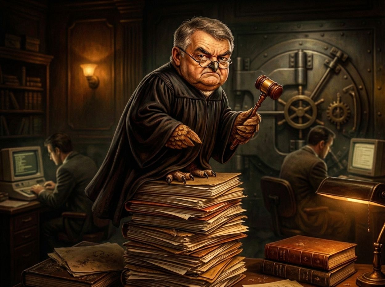 Karikatur einer streng blickenden Richter-Eule mit dem Kopf von Herbert Reul und Brille, im schwarzen Talar auf einem hohen Stapel von Aktenordnern stehend, Richterhammer in der Kralle, im Hintergrund ein alter Banktresor und zwei Ermittler an Computern.