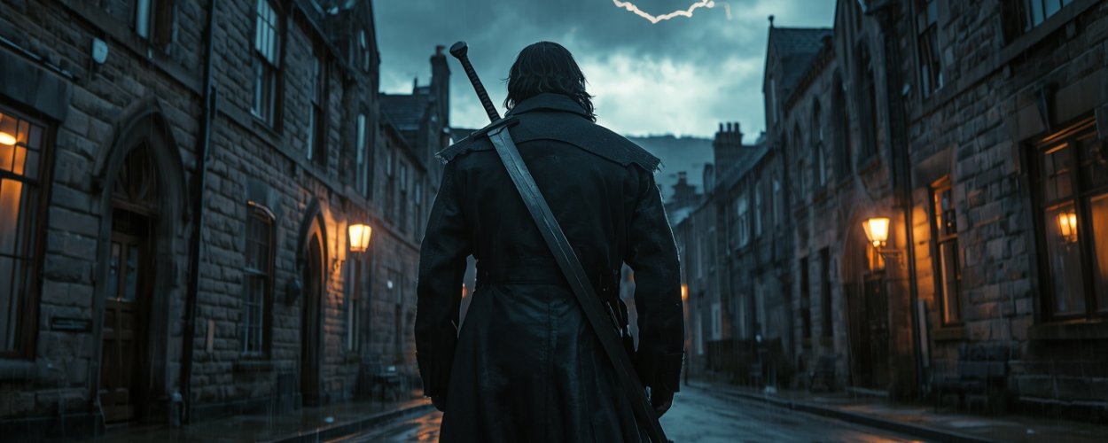 Breitschultriger Schwertkämpfer im langen Ledermantel von hinten in einer regennassen, alten Stein-Straße, ein Schwert über dem Rücken, am Himmel zuckt ein Blitz.