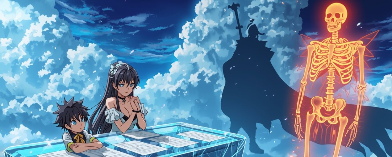 Göttin im Himmelsbüro verhandelt mit einem Verstorbenen über seine Reinkarnation als leuchtende Rippe eines Fantasyhelden.