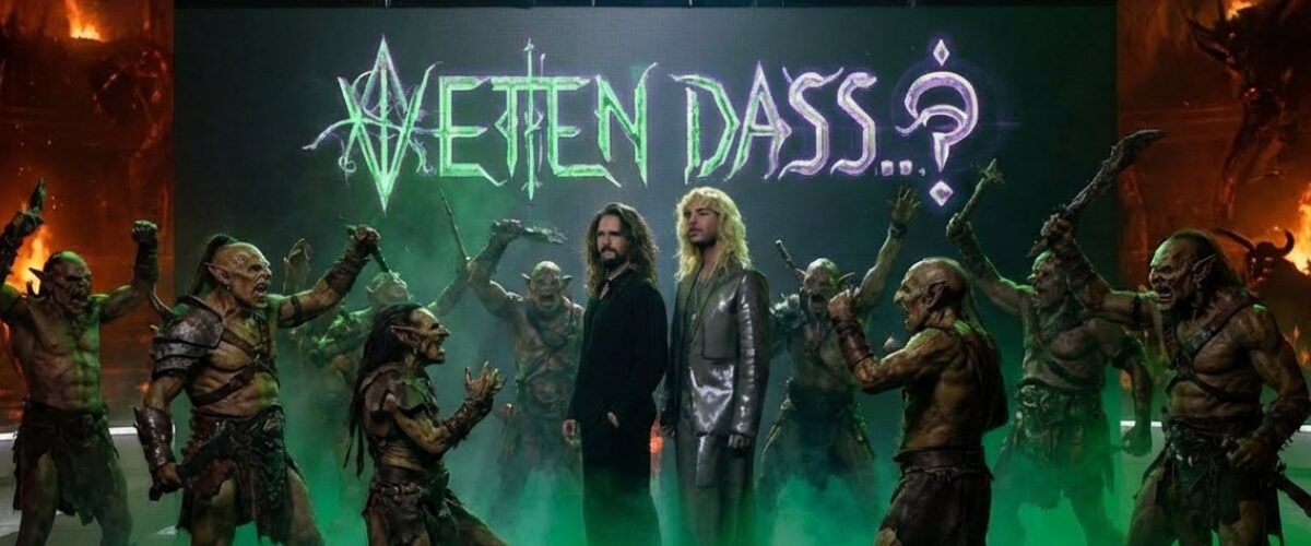 Fantasy-Satirebild: Die Kaulitz Zwillinge stehen auf einer Showbühne in dichtem grünem Nebel, umringt von Orks; im Hintergrund leuchtet ein runisch angehauchtes „Wetten, dass..?“-Logo.
