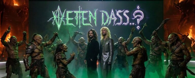 Fantasy-Satirebild: Die Kaulitz Zwillinge stehen auf einer Showbühne in dichtem grünem Nebel, umringt von Orks; im Hintergrund leuchtet ein runisch angehauchtes „Wetten, dass..?“-Logo.