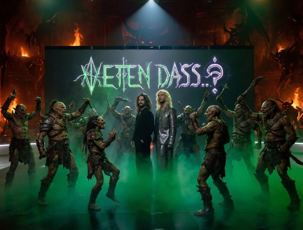 Fantasy-Satirebild: Die Kaulitz Zwillinge stehen auf einer Showbühne in dichtem grünem Nebel, umringt von Orks; im Hintergrund leuchtet ein runisch angehauchtes „Wetten, dass..?“-Logo.