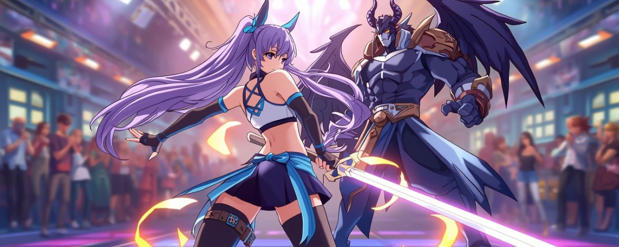 Anime-Kampfszene in einer hellen Arena: eine Schwertkämpferin mit langem lilafarbenem Haar stellt sich einem geflügelten Dämonenkrieger gegenüber, im Hintergrund jubelt eine Menschenmenge.