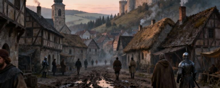 Realistische mittelalterliche Stadt mit Fachwerkhäusern, matschiger Hauptstraße und Burg auf dem Hügel im Morgenlicht, Bewohner und Ritter bewegen sich durch den Rauch der Kamine.