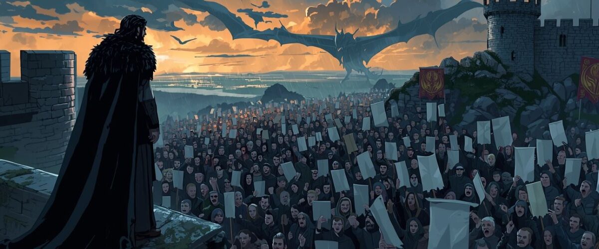 Jon Snow steht auf einer Burgmauer und blickt auf eine riesige, protestierende Menschenmenge mit leeren Petitionstafeln hinab, über der im Abendhimmel ein Drache über der Küstenlandschaft kreist.