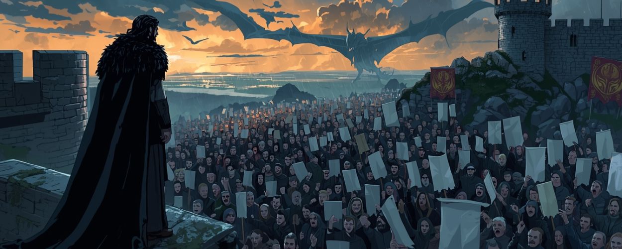 Jon Snow steht auf einer Burgmauer und blickt auf eine riesige, protestierende Menschenmenge mit leeren Petitionstafeln hinab, über der im Abendhimmel ein Drache über der Küstenlandschaft kreist.