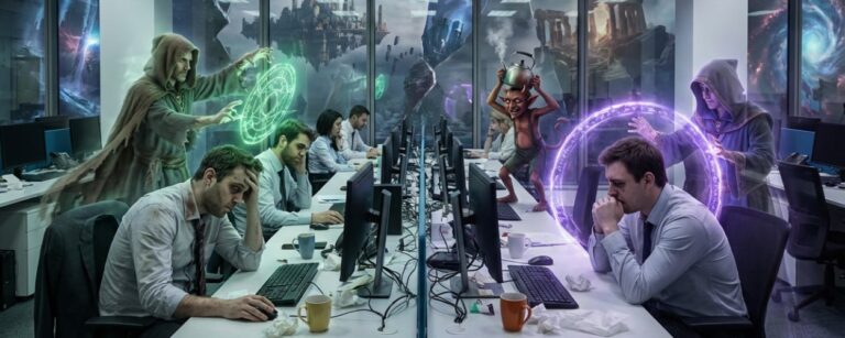In einem modernen Büro mit Schreibtischen und Monitoren sitzen mehrere Personen sichtbar erschöpft vor ihren Arbeitsplätzen. Zwischen den Tischen bewegen sich geisterhafte Figuren, die mit leuchtenden Symbolen, Kräutern und kleinen Zauberkreisen Heilrituale vollführen. Durch die Fenster sind schemenhafte andere Dimensionen zu erkennen, als würden verschiedene Welten ineinander übergehen. Die Szene verbindet nüchterne Büroatmosphäre mit düsterer Fantasy-Magie.