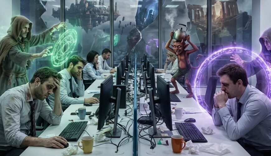 In einem modernen Büro mit Schreibtischen und Monitoren sitzen mehrere Personen sichtbar erschöpft vor ihren Arbeitsplätzen. Zwischen den Tischen bewegen sich geisterhafte Figuren, die mit leuchtenden Symbolen, Kräutern und kleinen Zauberkreisen Heilrituale vollführen. Durch die Fenster sind schemenhafte andere Dimensionen zu erkennen, als würden verschiedene Welten ineinander übergehen. Die Szene verbindet nüchterne Büroatmosphäre mit düsterer Fantasy-Magie.