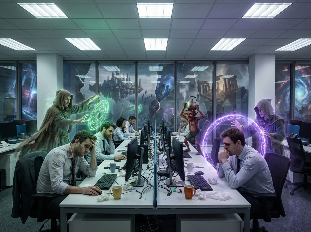 Großraumbüro mit erschöpften Angestellten vor ihren Computern, hinter ihnen wirken magische Gestalten: ein Zauberer zeichnet grüne Runenkreise, ein Imp trägt einen kochenden Kessel, ein weiterer Magier formt einen leuchtenden violetten Schutzkreis, draußen vor den Fenstern sind fantastische Welten und Dimensionstore zu sehen.