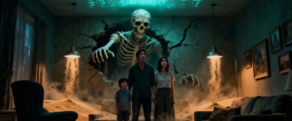 Eine erschrockene Familie steht im sandüberfluteten Wohnzimmer, während aus der aufgerissenen Wand ein riesiges skelettiertes Mumienwesen mit leuchtenden Hieroglyphen an der Decke nach ihnen greift.
