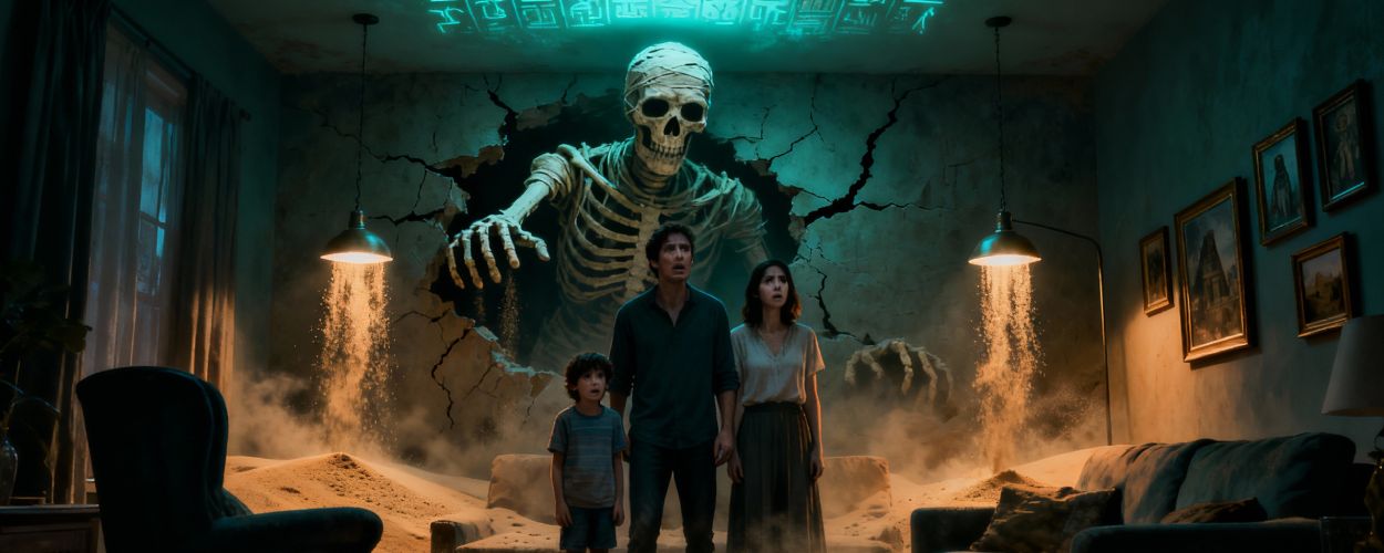Eine erschrockene Familie steht im sandüberfluteten Wohnzimmer, während aus der aufgerissenen Wand ein riesiges skelettiertes Mumienwesen mit leuchtenden Hieroglyphen an der Decke nach ihnen greift.