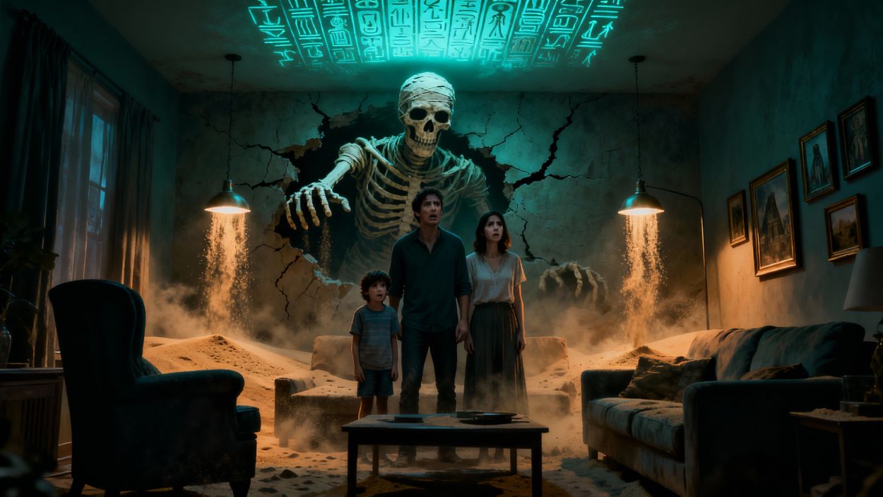 Eine erschrockene Familie steht im sandüberfluteten Wohnzimmer, während aus der aufgerissenen Wand ein riesiges skelettiertes Mumienwesen mit leuchtenden Hieroglyphen an der Decke nach ihnen greift.