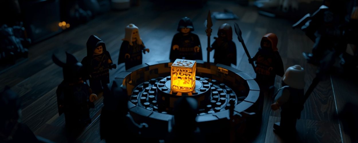 In einem dunklen Kinderzimmer stehen mehrere Lego-Figuren in Kapuzenroben im Kreis um einen leuchtenden, goldenen Legostein, der auf einem runden Stein-Altarsockel steht und die Szene geheimnisvoll beleuchtet.