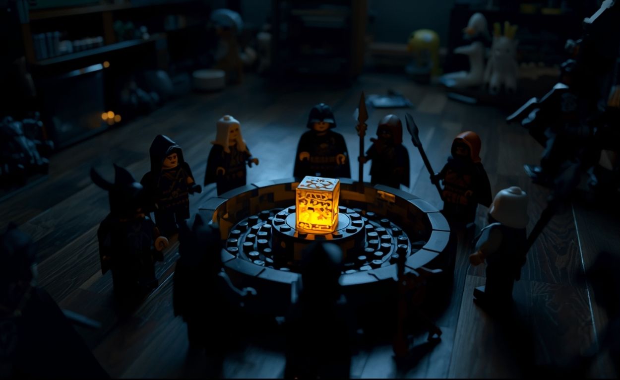 In einem dunklen Kinderzimmer stehen mehrere Lego-Figuren in Kapuzenroben im Kreis um einen leuchtenden, goldenen Legostein, der auf einem runden Stein-Altarsockel steht und die Szene geheimnisvoll beleuchtet.