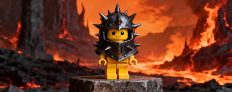 LEGO-Figur im gelben Minifig-Stil mit stacheligem Sauron-Helm, steht auf einem steinernen Podest vor lavaüberströmter Mordor-Landschaft, davor leuchtet der Eine Ring.