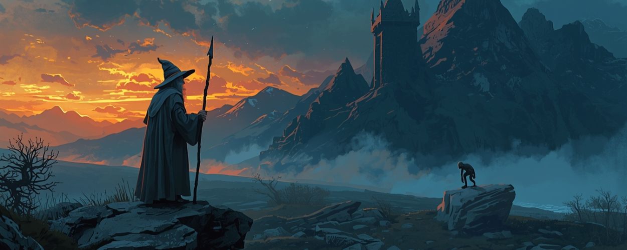 Zauberer in grauem Mantel steht auf einem Felsen und beobachtet eine Gollum-Gestalt auf einem Stein am Fluss vor düsteren Bergen und einer Festung im Abendlicht – Symbolbild zu The Lord of the Rings: The Hunt for Gollum